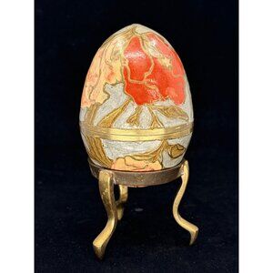 Vintage Cloisonne Brass Enamel Egg Trinket Box Floral w/ Stand 1960s Decorative
